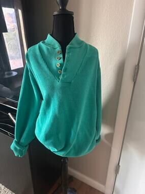 Vintage 80s Lands End Made in USA Cotton Henley Sweater Emerald Green XL Long